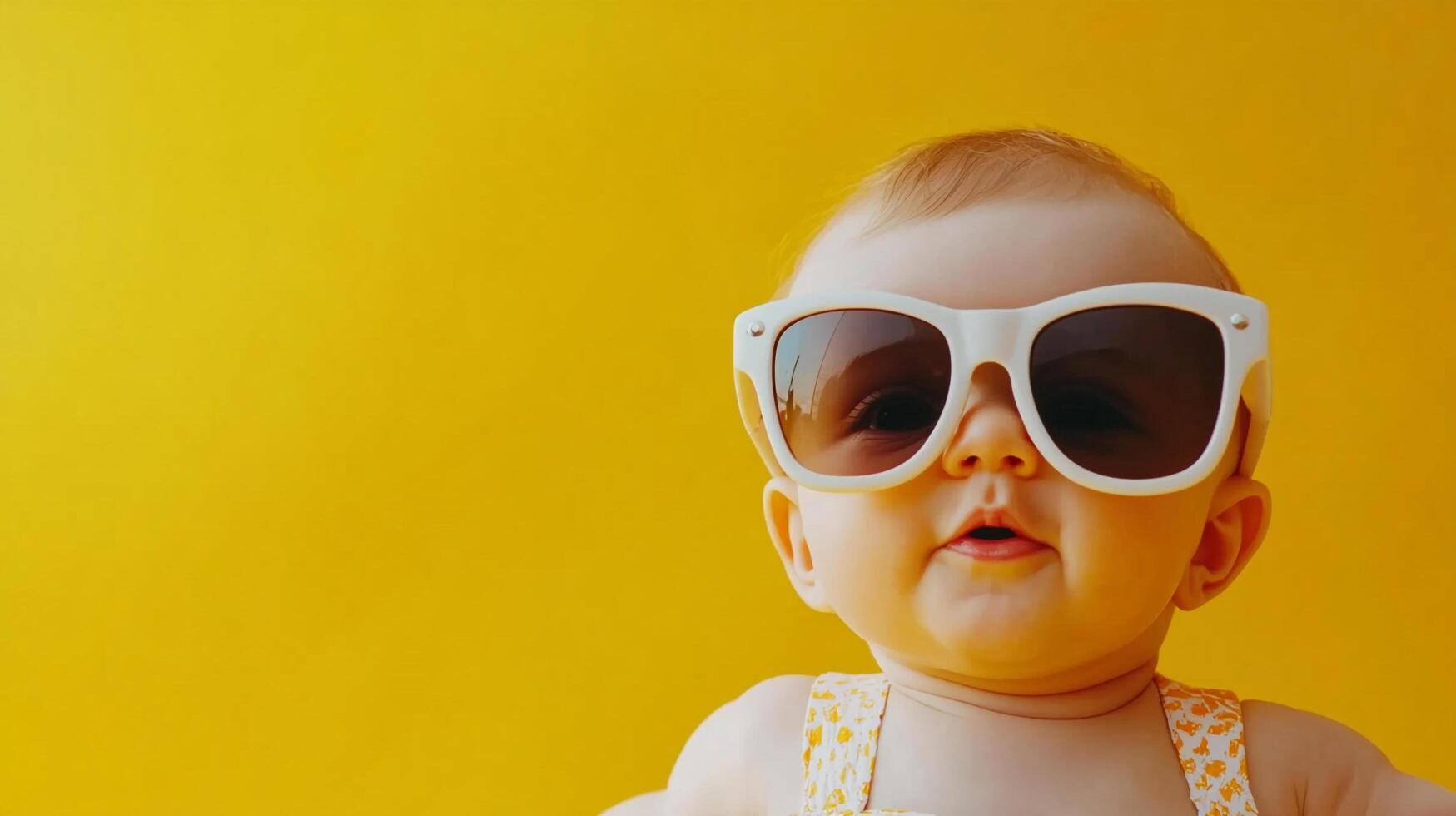 A cute baby wearing oversized sunglasses against a vibrant yellow background. Perfect for summer vibes and playful childhood moments. photo