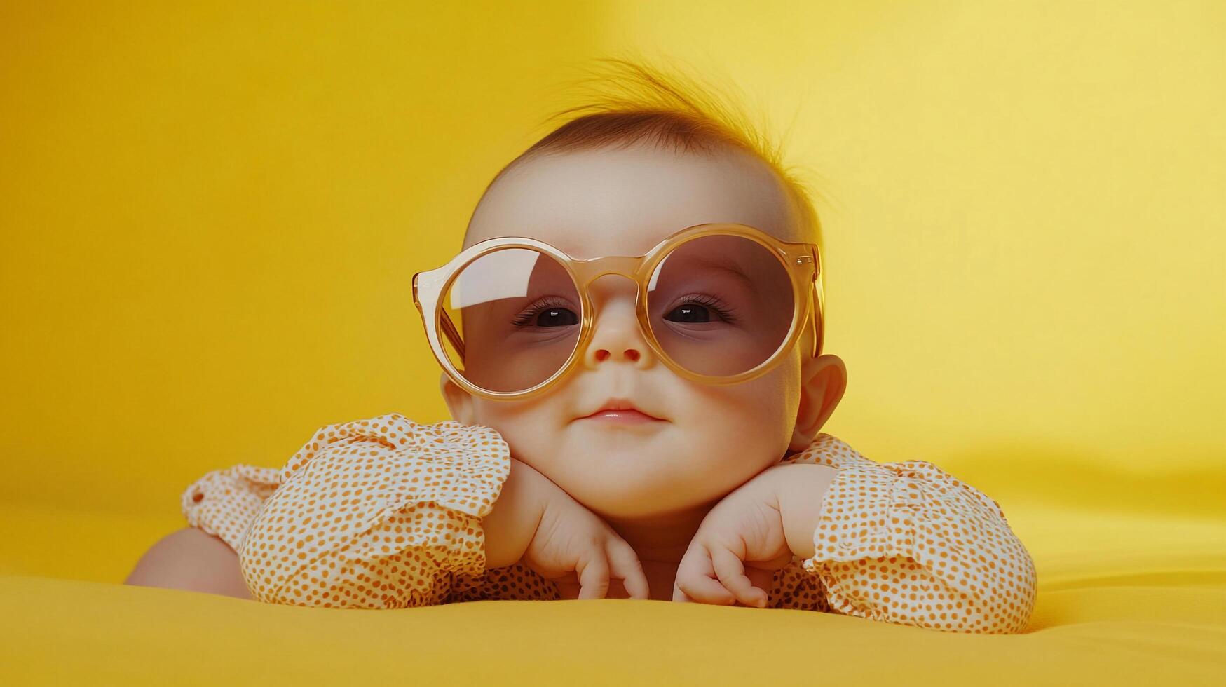 Adorable baby sporting large sunglasses and lying on a yellow surface. The focus is on the cuteness and style of the child. photo