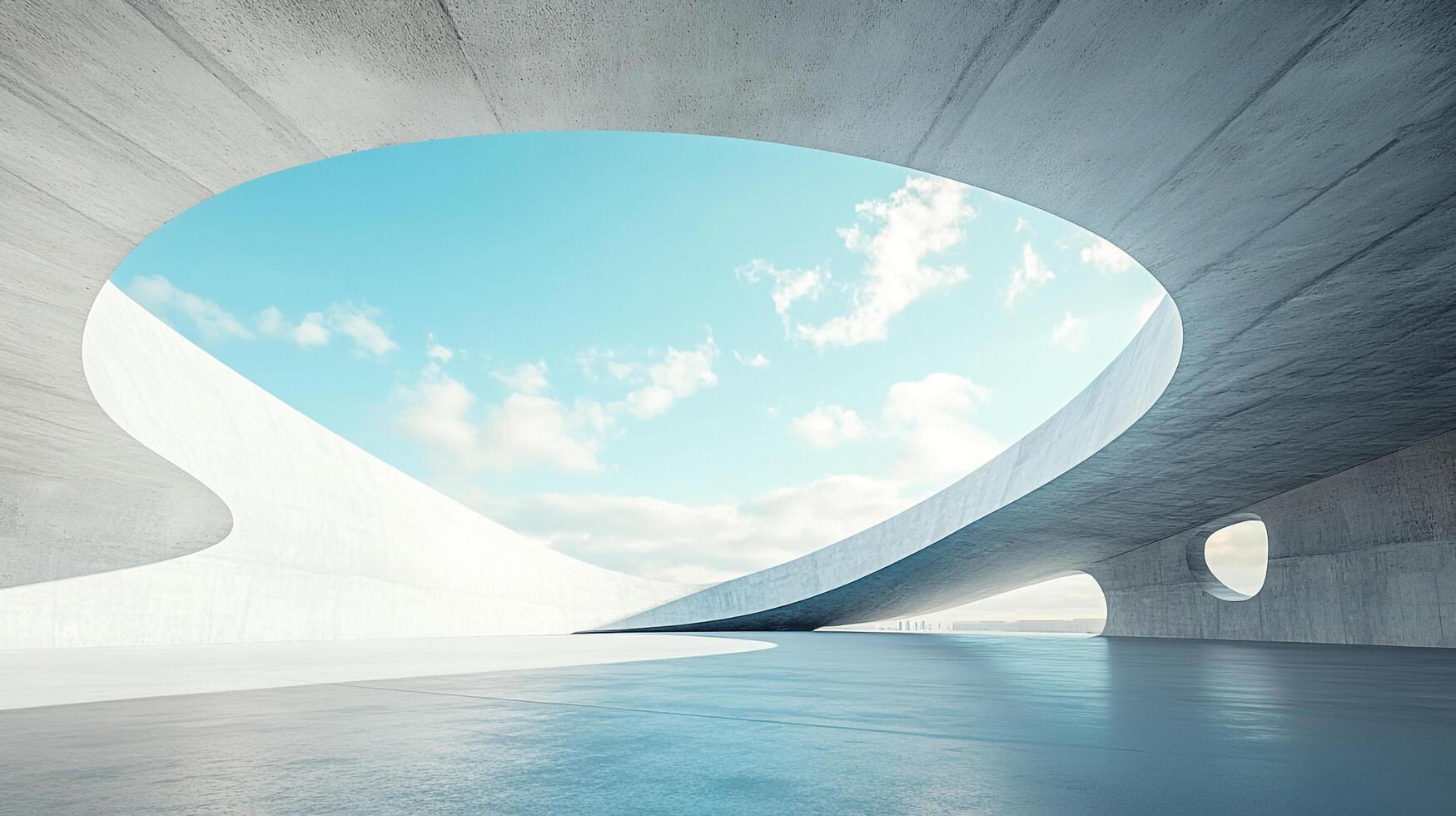 Architectural marvel showcasing a concrete structure with an expansive circular opening to the bright sky and distant skyline. photo