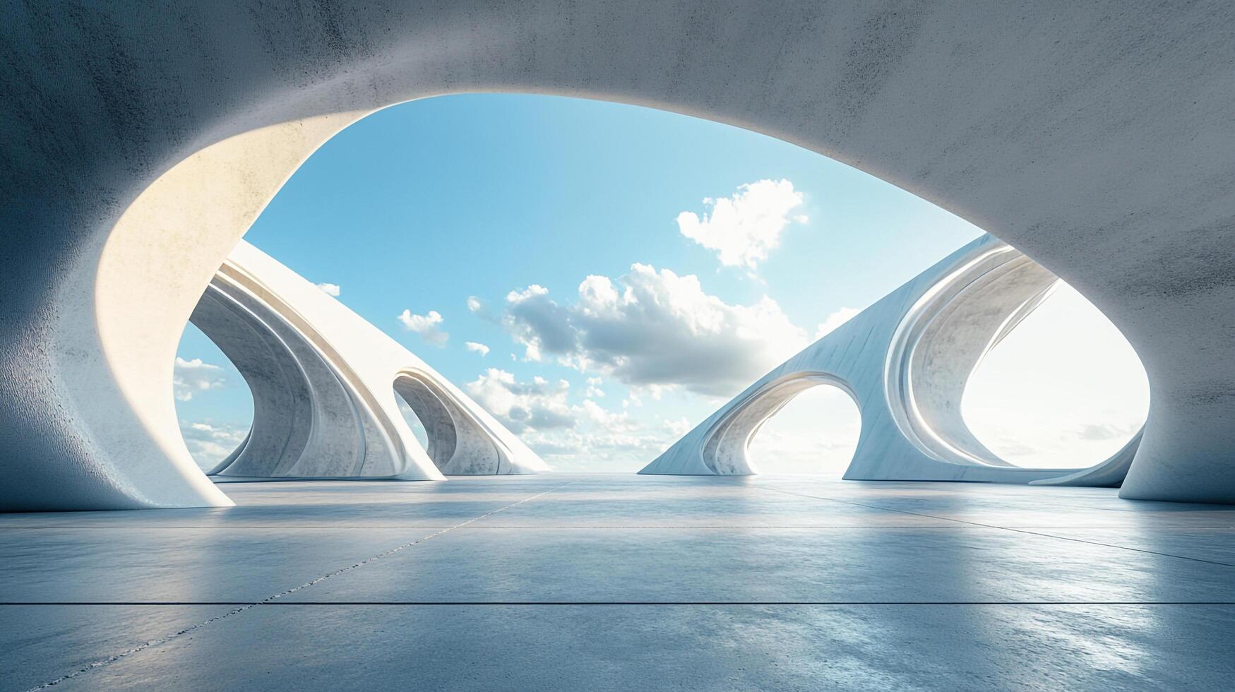 Modern architecture with large, concrete arches framing the sky. A minimalist landscape with a sense of openness and architectural beauty. photo