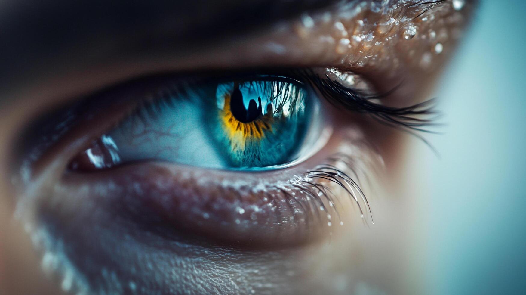 A captivating close-up of a vivid eye showcasing colorful reflections that draw the viewer in, symbolizing depth, emotion, and the beauty of human expression in artful detail. photo