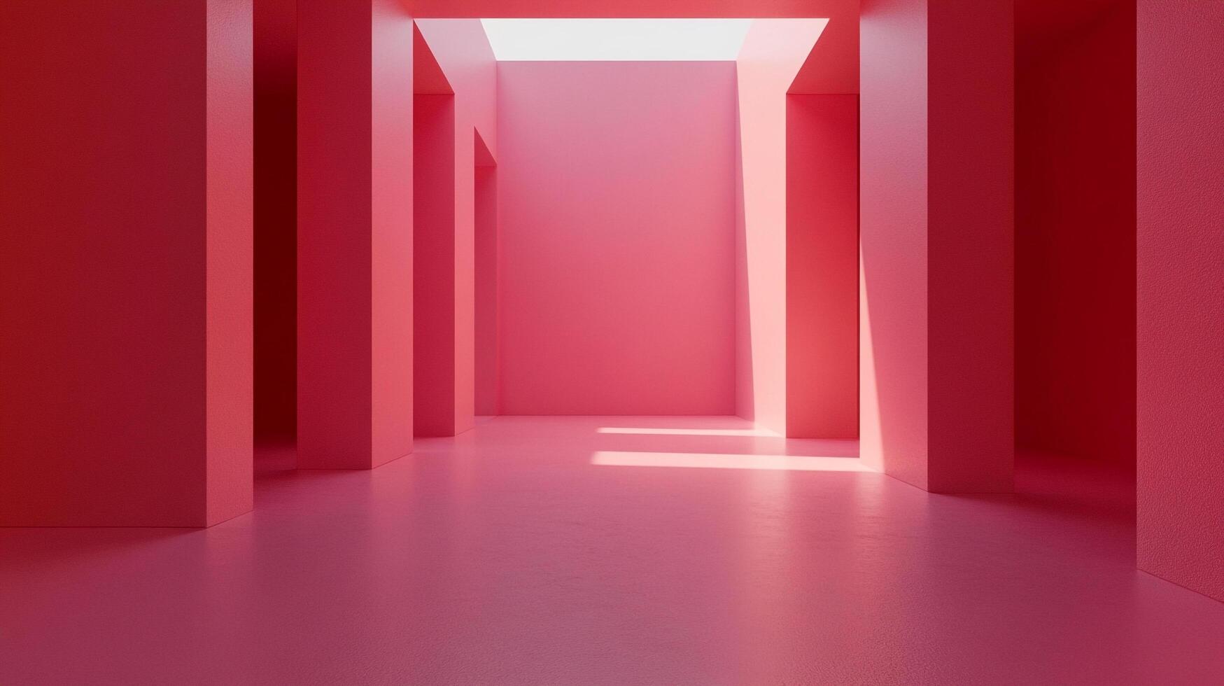 An energetic pink-hued abstract interior showcasing strong geometric shapes, illuminated by a radiant light source creating a lively atmosphere full of creativity. photo