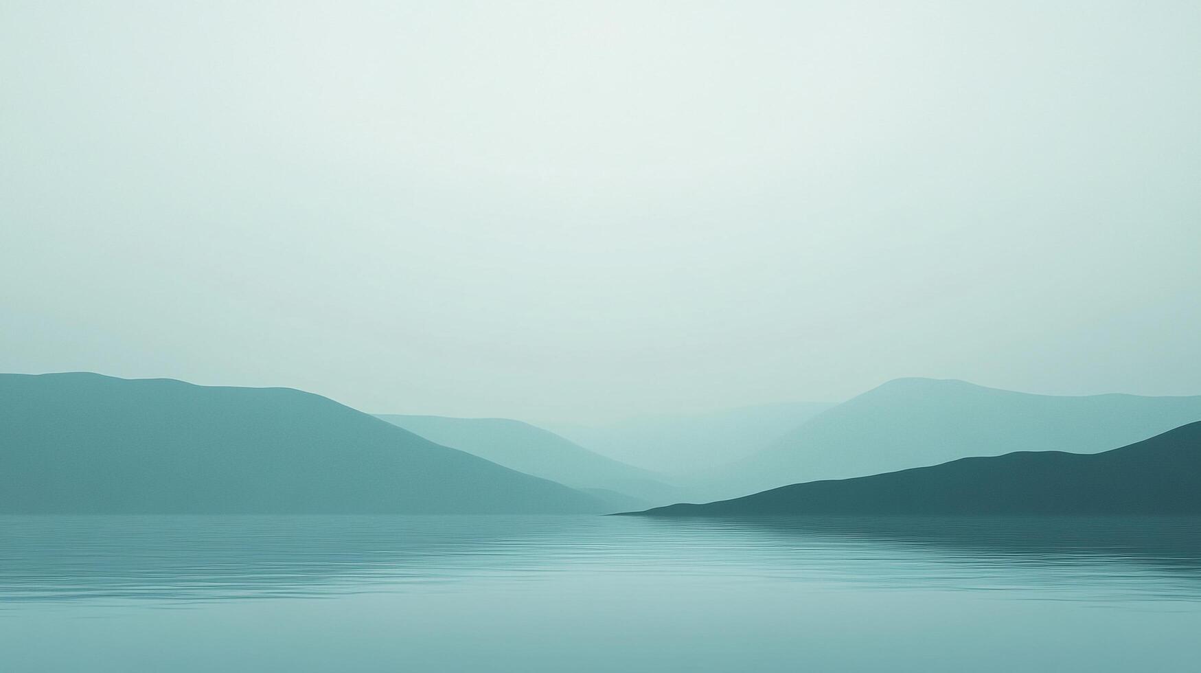 A tranquil view of a mist-covered landscape, showcasing soft hills reflected in a serene body of water, creating a beautifully peaceful atmosphere. photo