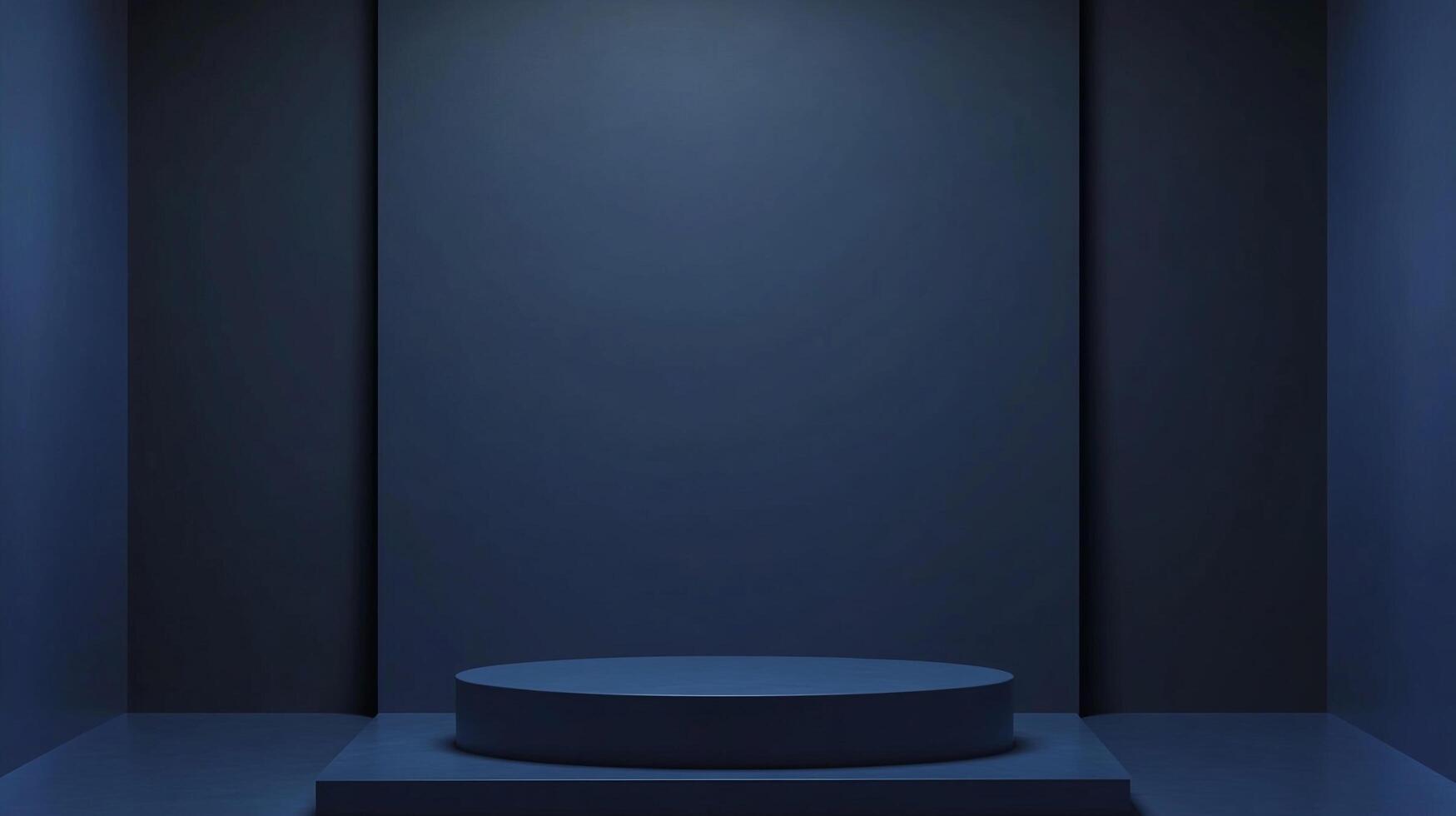 This dramatic dark blue space featuring a circular platform evokes feelings of mystery and anticipation, creating a unique setting for artistic displays or presentations. photo