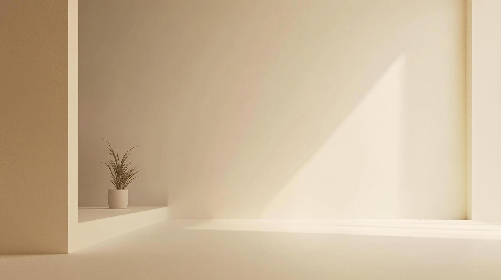 This image presents a soft-lit, neutral-toned minimalist space featuring a lone plant, creating a sense of calm, balance, and tranquility within a harmonious setting. photo