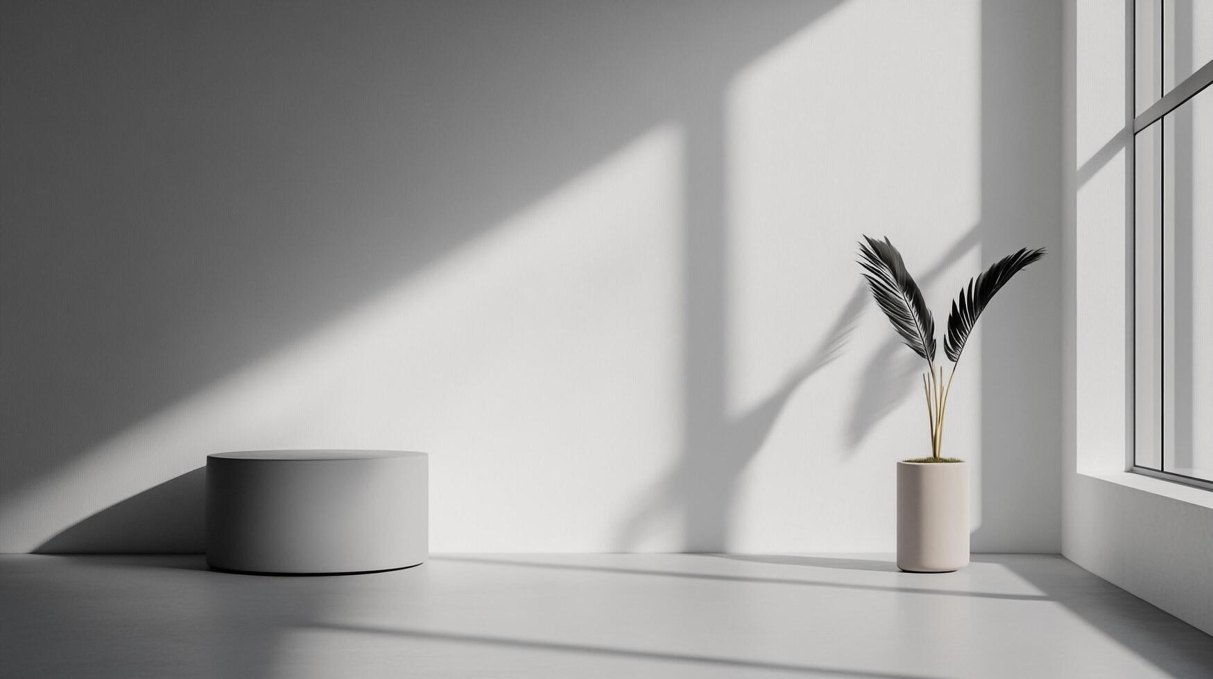 A modern indoor space showcasing minimalist decor highlighted by shadows, fostering a calm atmosphere for relaxation and creative thinking. Ideal for design enthusiasts. photo