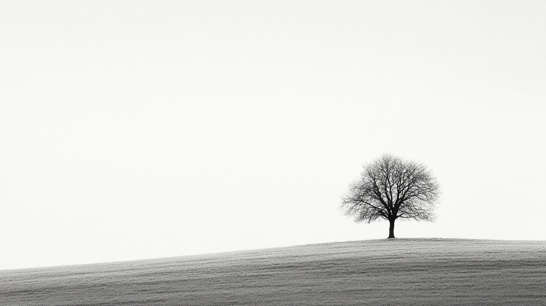 A striking black and white photograph of a lonely tree standing atop a gentle hill, surrounded by a vast, minimalistic landscape evoking solitude and peace. photo