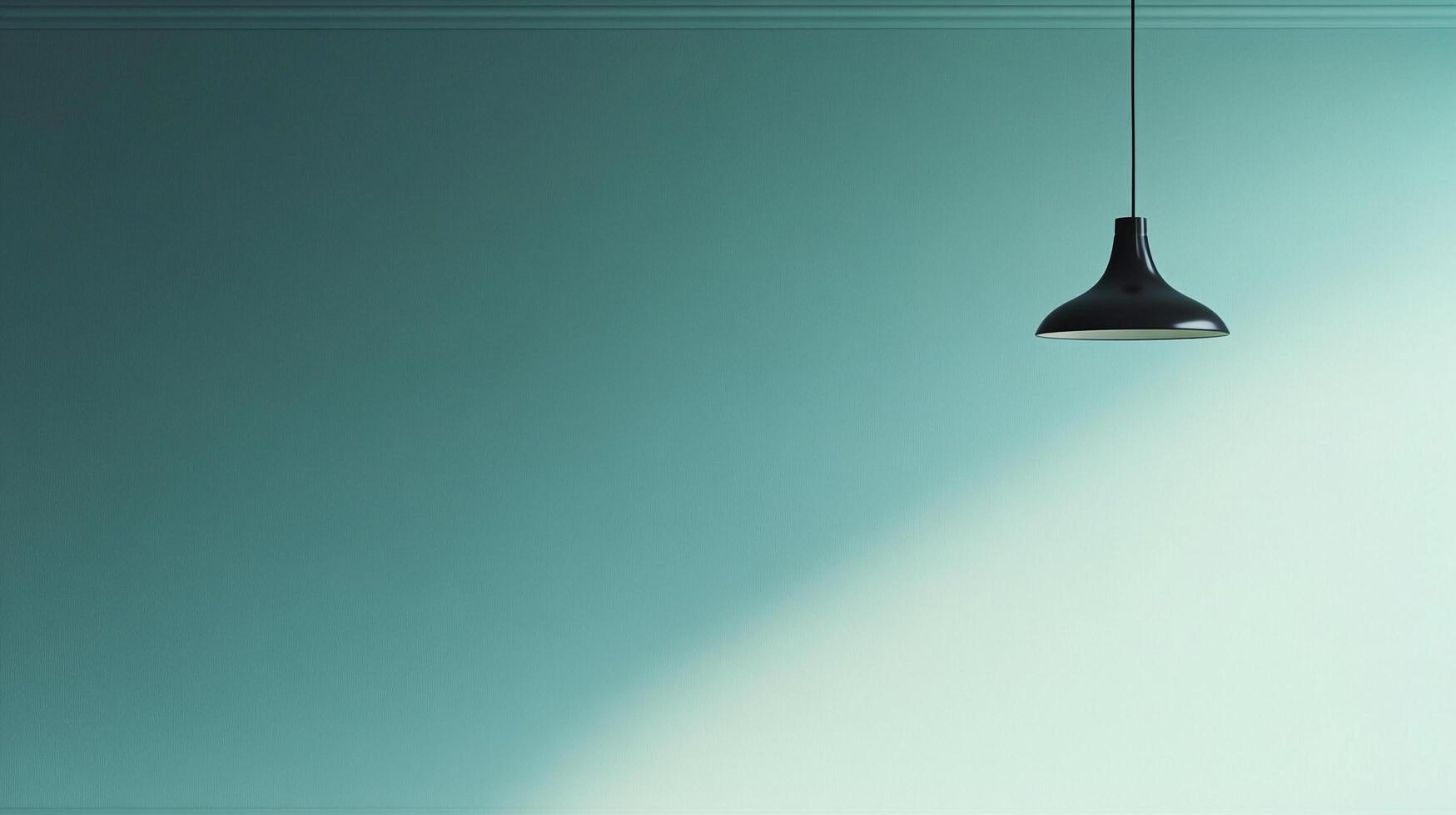 An elegant black pendant light hangs against a softly lit wall, creating a beautiful interplay of light and shadows, perfect for stylish interior projects. photo