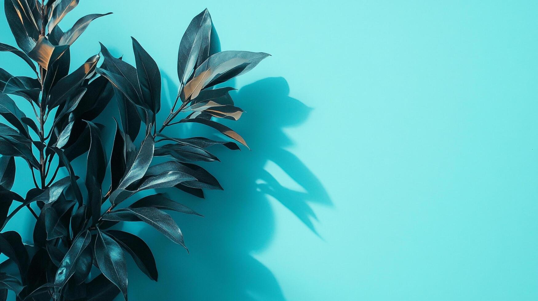 A striking display of dark tropical leaves against a bright blue background showcases nature's beauty, bringing a refreshing and artistic element to designs. photo