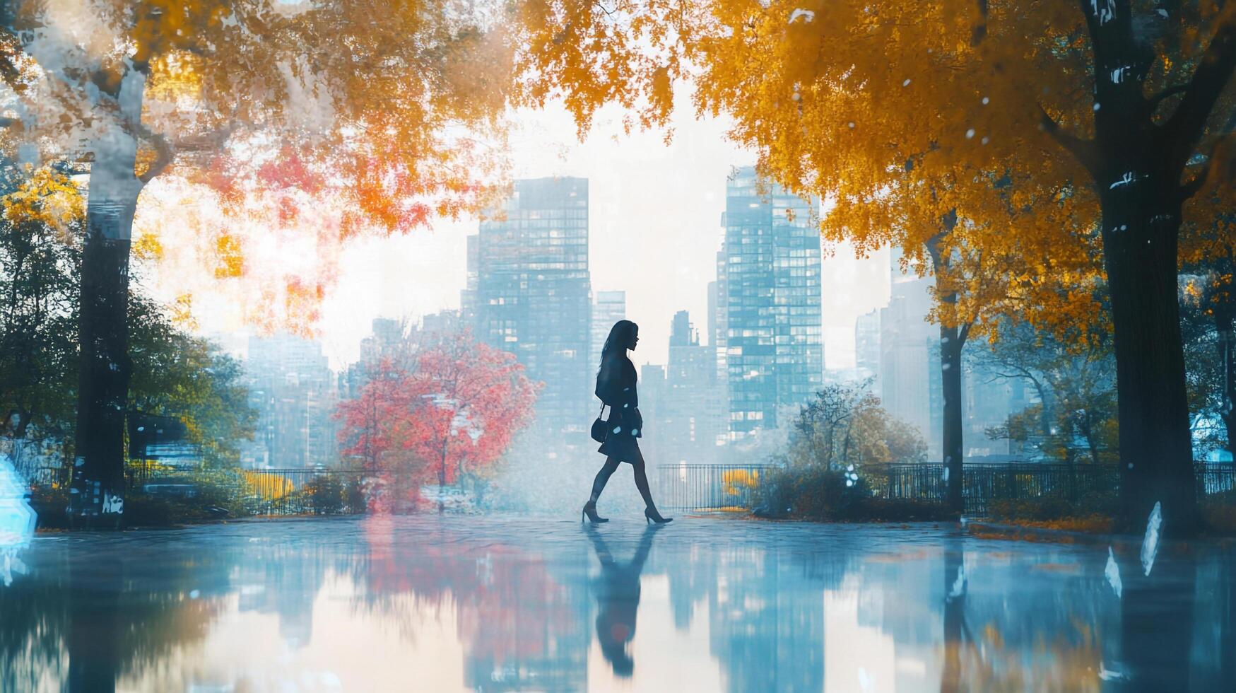 A woman walks in a park after rain, city skyline in the background, autumn colors on the trees. Reflections of city buildings on ground. photo
