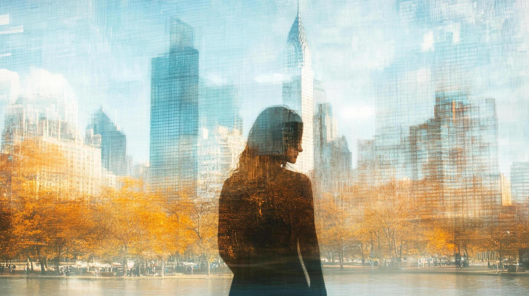 A woman stands with the cityscape behind her. The trees and buildings blend together giving an impression of autumn in the city. photo