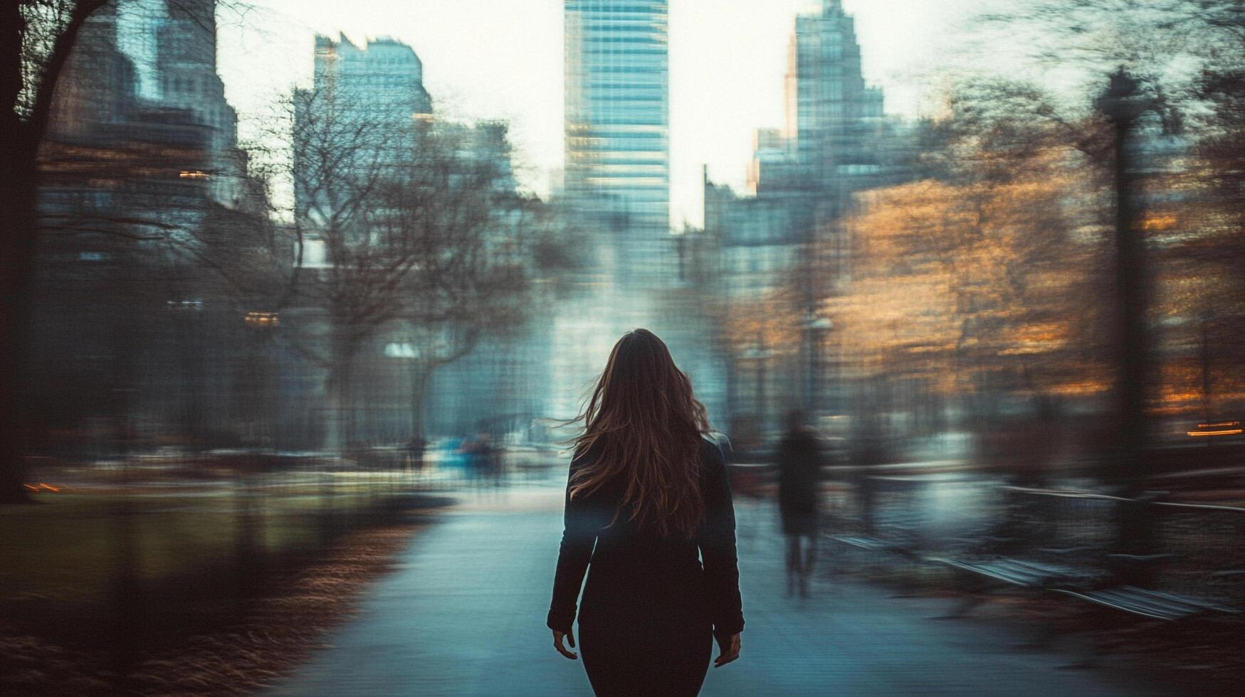 A woman walks on a park path, her back to the camera, against blurred city background. The scenery gives a sense of motion, introspection. photo