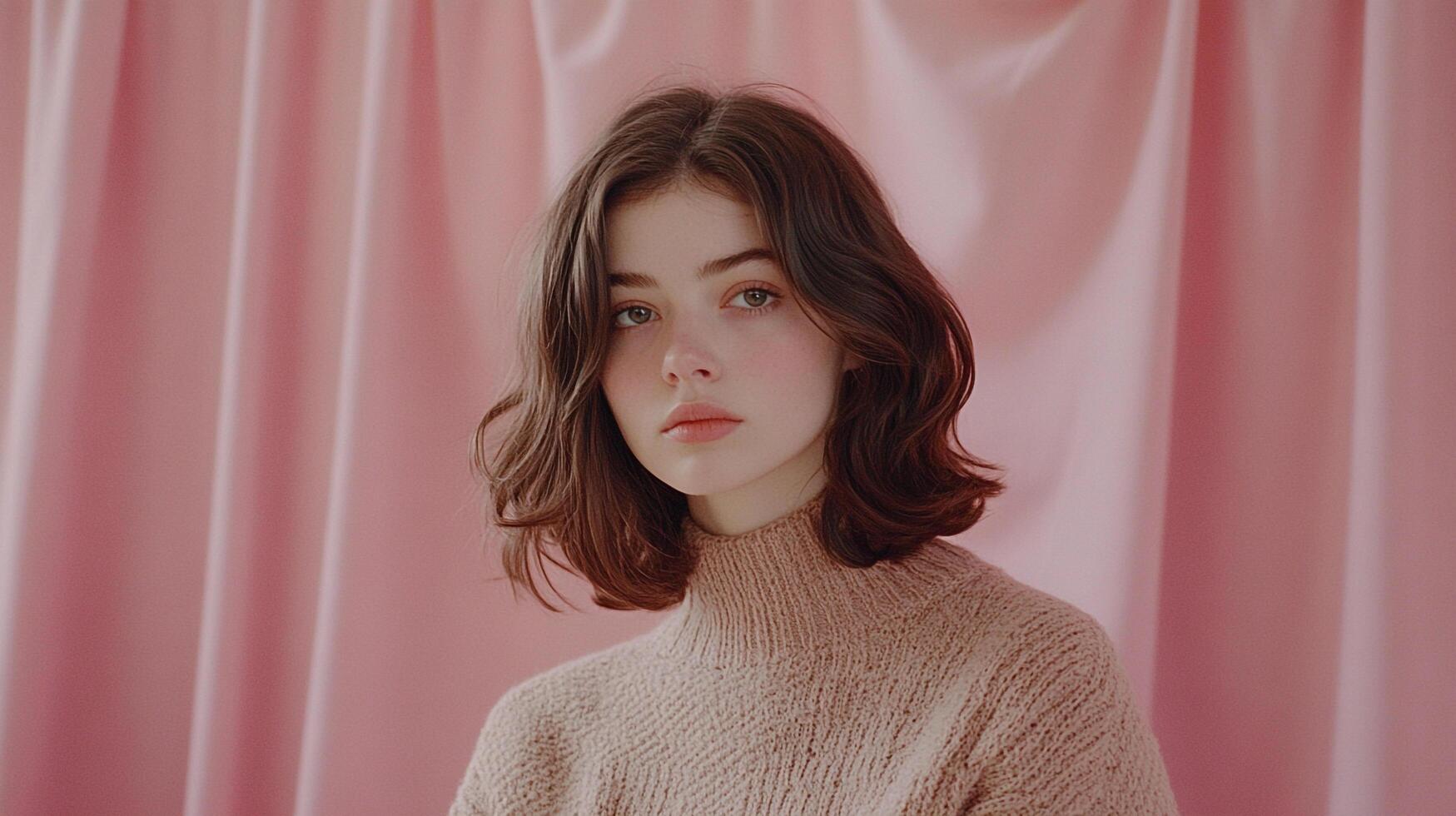 Portrait of a young woman with wavy hair in a cozy knit sweater, posing against a soft pink backdrop in a serene and intimate setting. photo