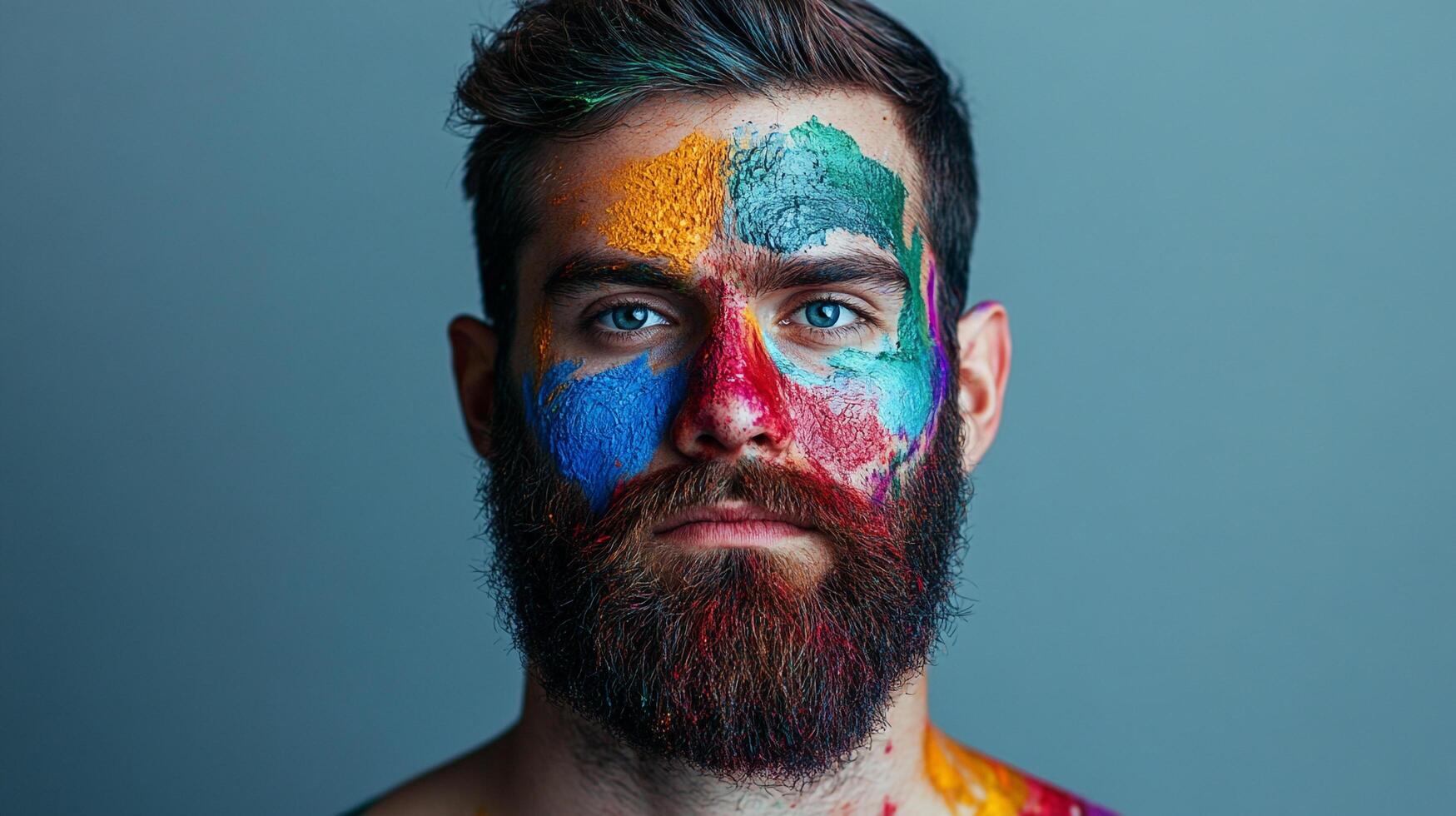 Colorful portrait of a bearded man. His face is covered in blue, red, green and yellow paint, and a dark grey background. photo