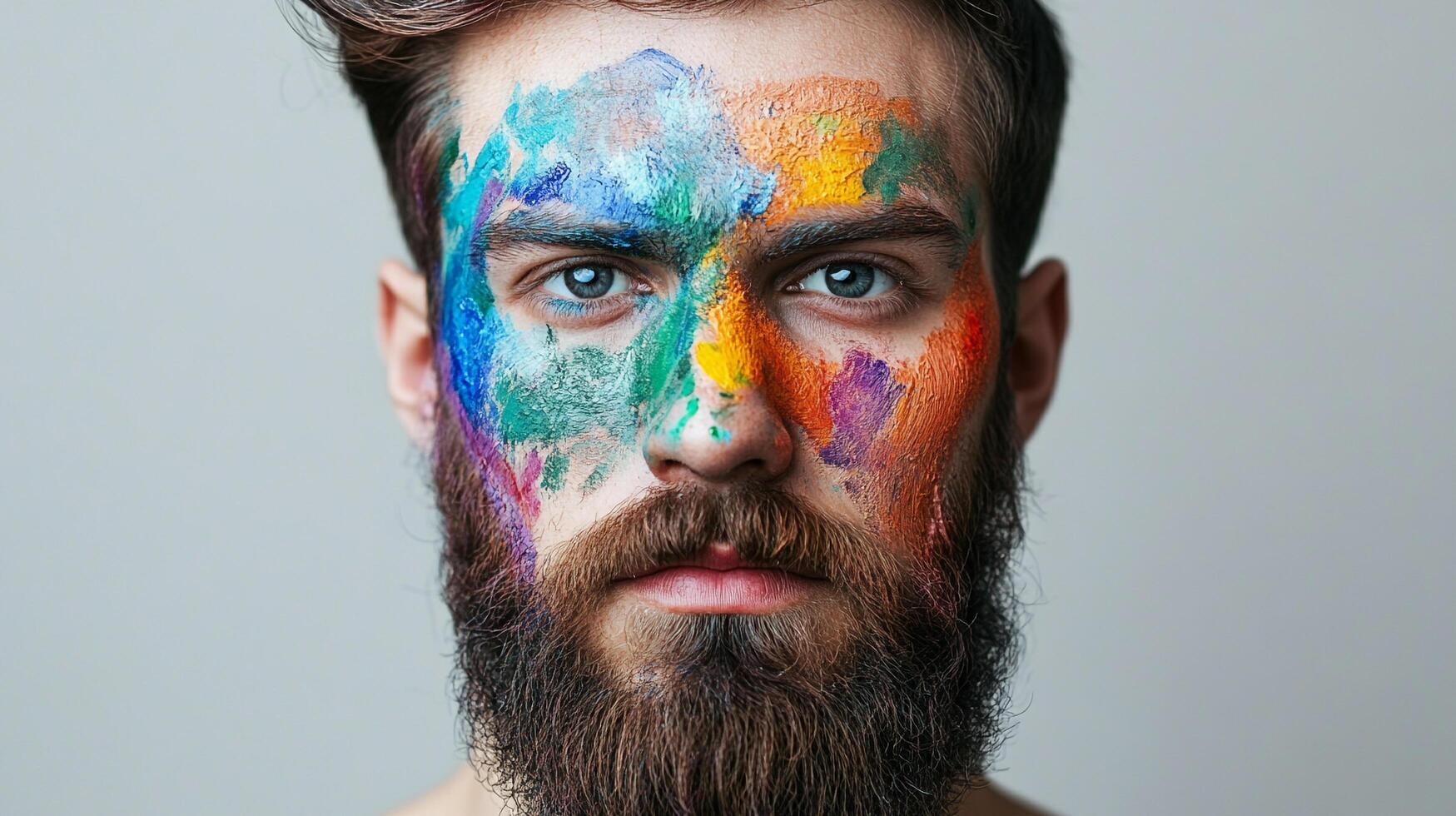 A man with a full beard and colorful paint on his face gazes directly at the camera, creating a striking and artistic portrait. photo
