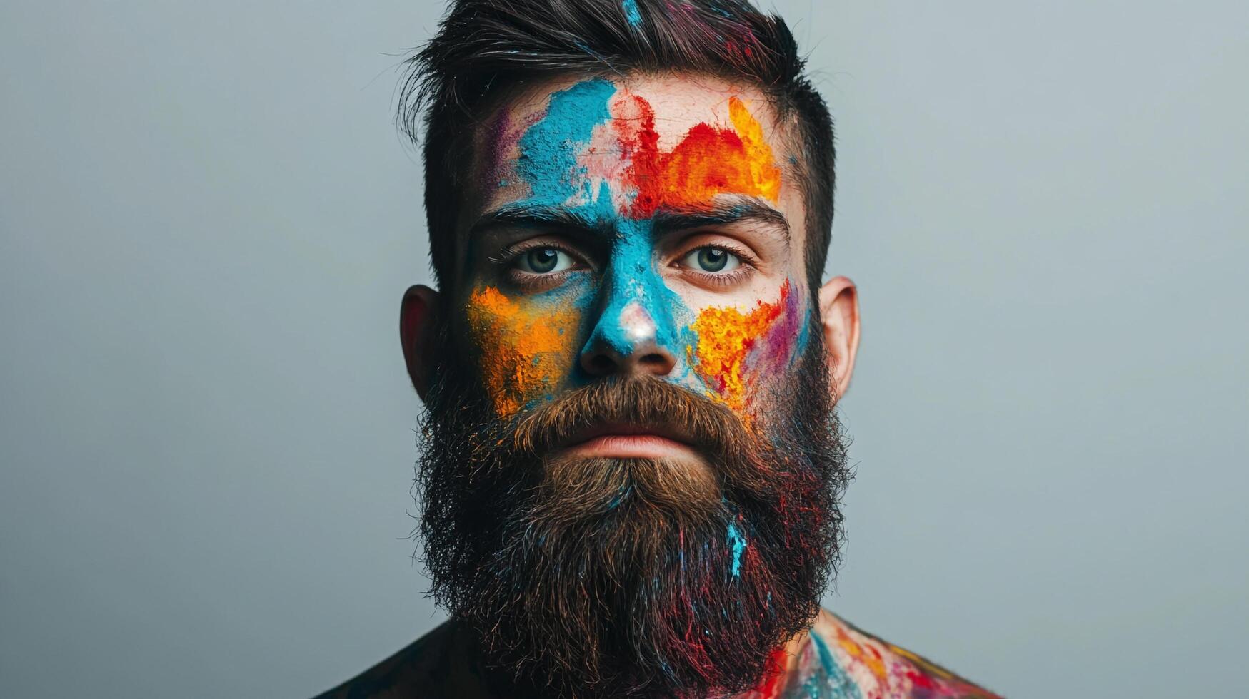 Man's face covered in a vibrant mix of colors, set against a plain background, shows emotion, expression and creativity. photo