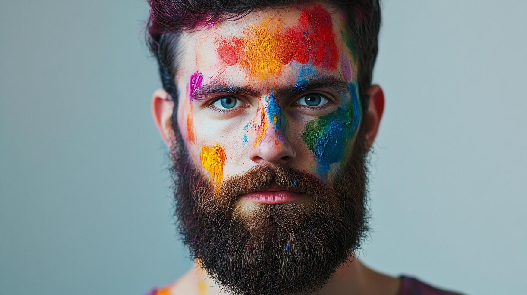 Man with vibrant face paint, a captivating portrait showcasing creativity and self-expression through colorful art. photo