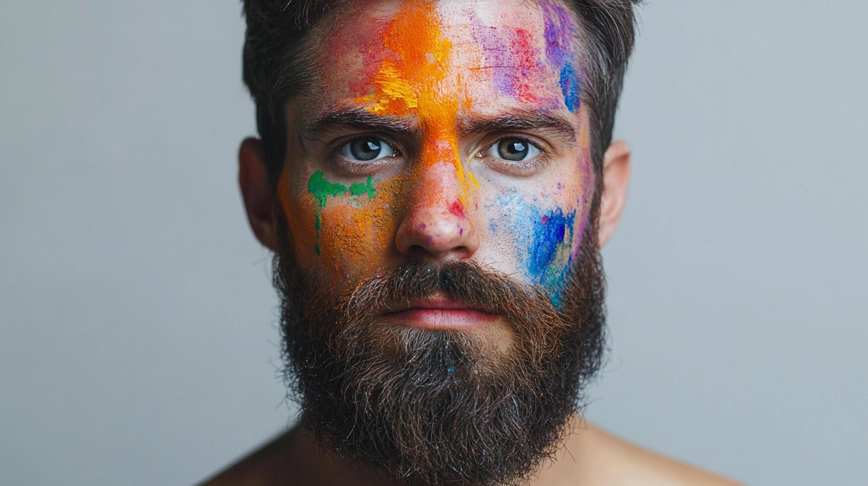 Colorful portrait of a bearded man covered in vibrant paint, expressing creativity and individuality. Bold expression through artful design. photo