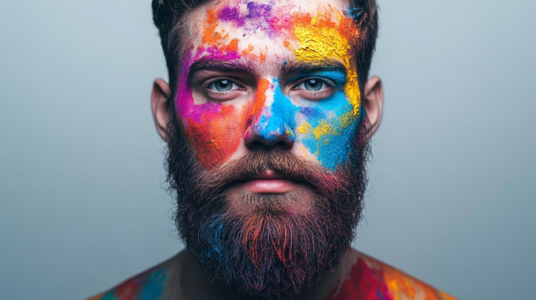Bearded man with vibrant colorful paint covering his face and body, showcasing artistry and creative expression. Studio portrait. photo