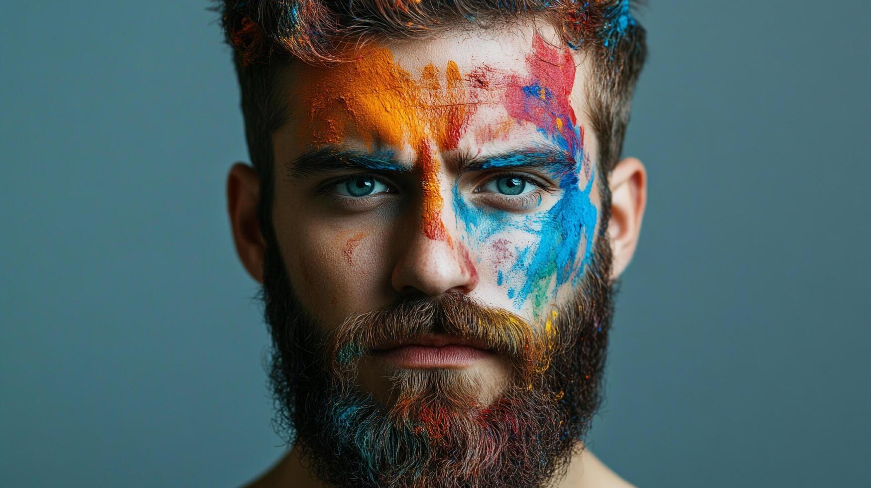 A portrait of a man with a dark beard and light eyes, wearing a variety of colored paint. The paint is covering half of his face. photo