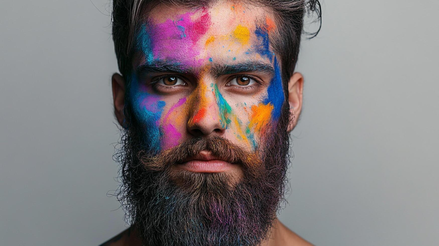 Man with vibrant paint. The colorful powder adds an expressive touch to his portrait, highlighting his features and unique style. photo
