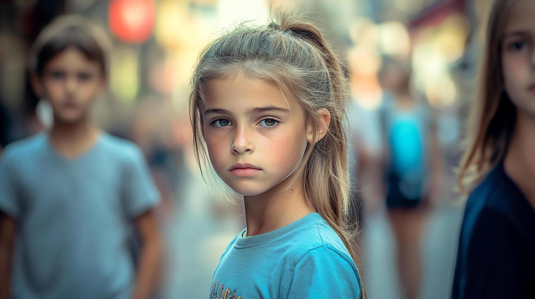 Portrait of a young girl with a ponytail, standing amidst a bustling urban scene, gazing with a serious expression and other kids around. photo
