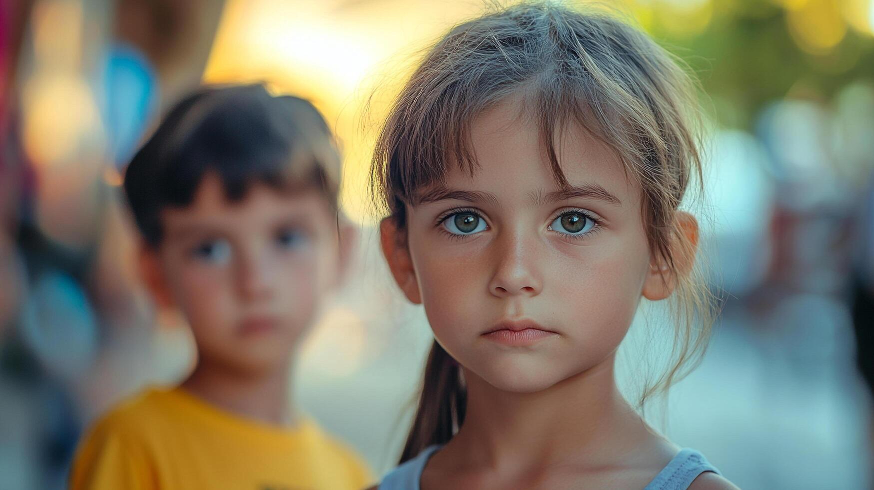 Portrait of a child with thoughtful expression, soft light, and a blurred background with her brother in yellow shirt out of focus photo