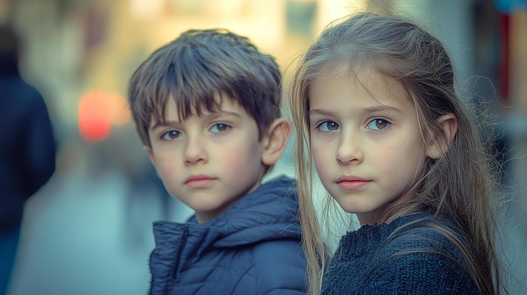 Brother and sister portrait, gaze into your soul. Boy with blue coat and girl in sweater. They are in the city and looking at you. photo