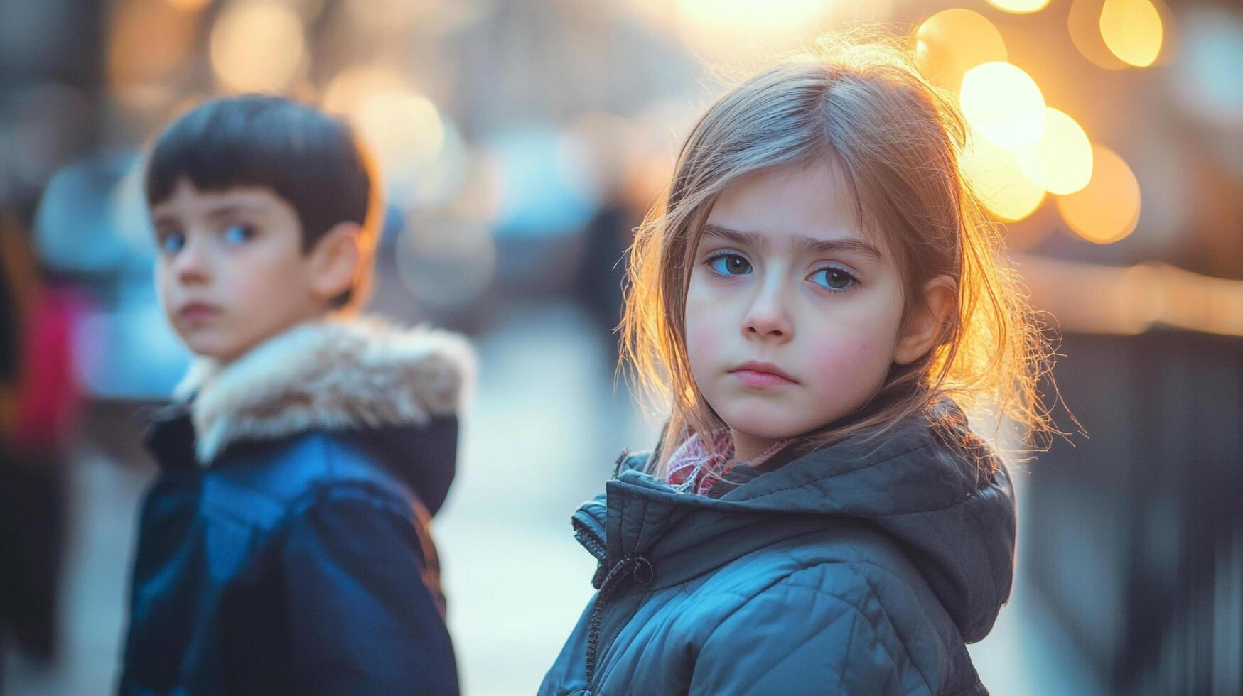Two young children stand outdoors at dusk, the girl with a contemplative gaze, the boy behind her looking away, illuminated by warm light. photo