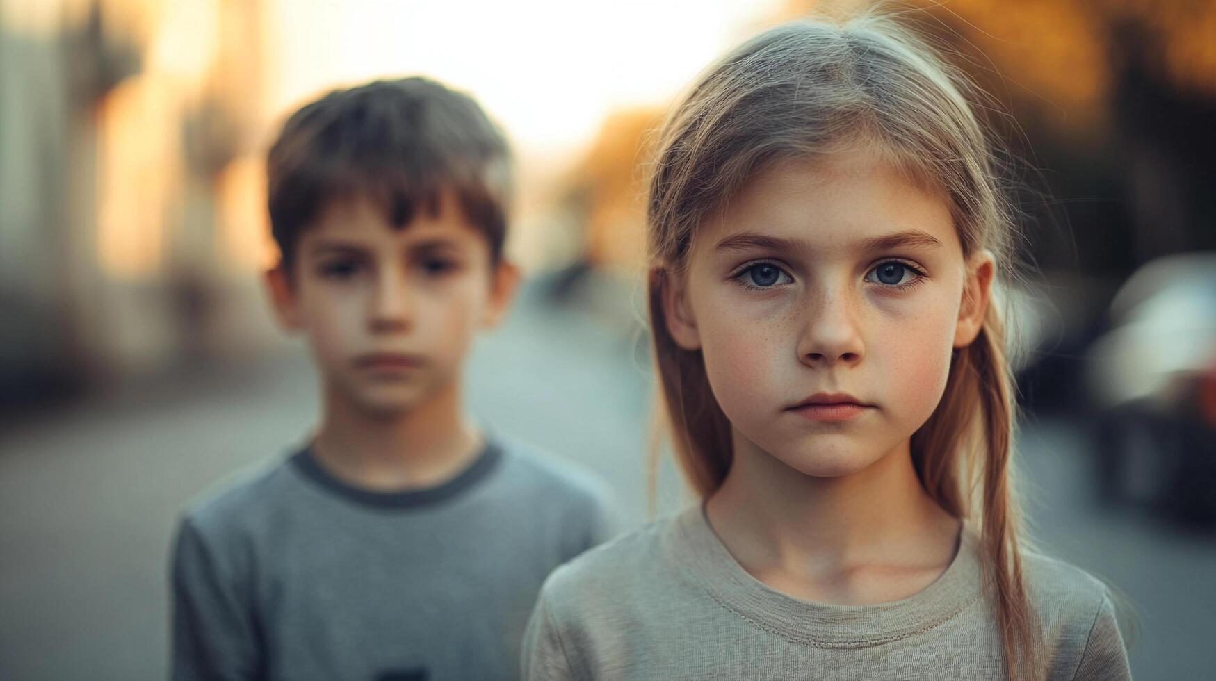 Two thoughtful children stand close together on a street, conveying a sense of quiet seriousness. The background is blurry, emphasizing them. photo