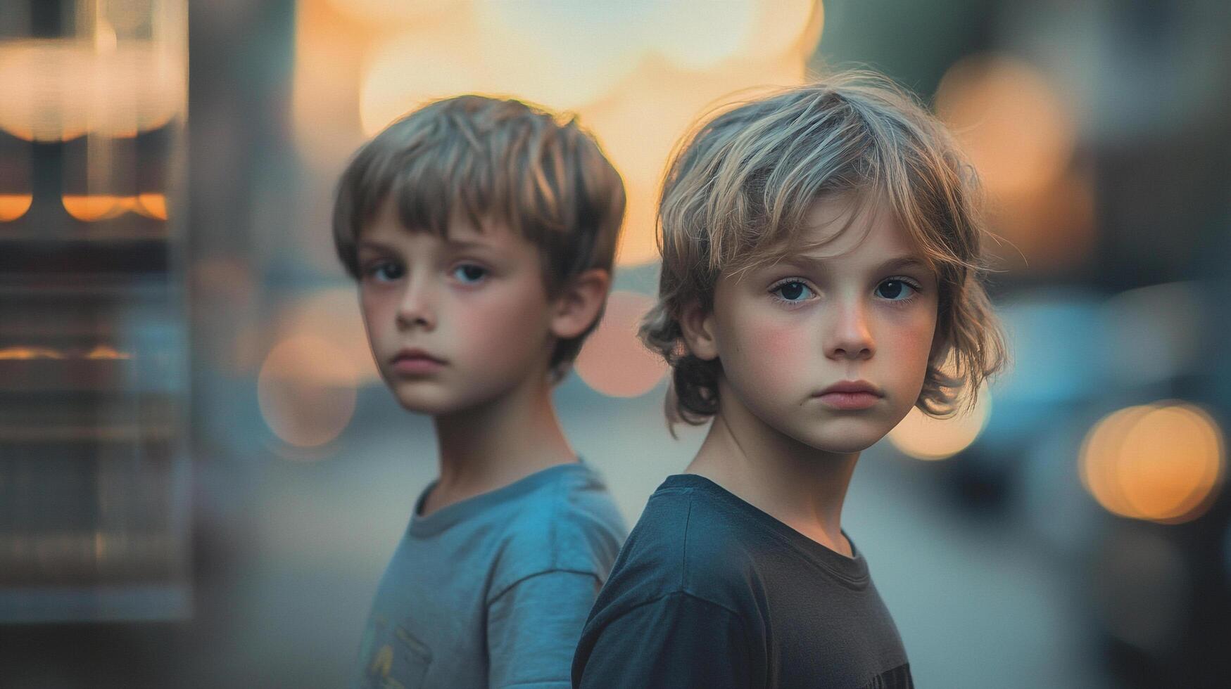 Two young boys stand back-to-back, bathed in soft city lights, with serious expressions. Youthful innocence and pensive atmosphere fill the scene. photo