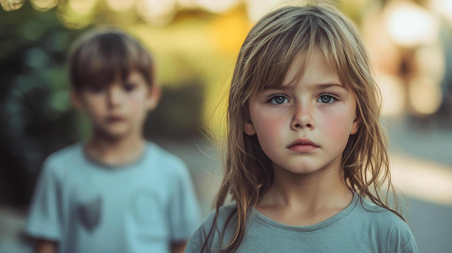 Portrait of two thoughtful young children standing outside, the girl in focus with a wistful expression and soft sunlight. photo