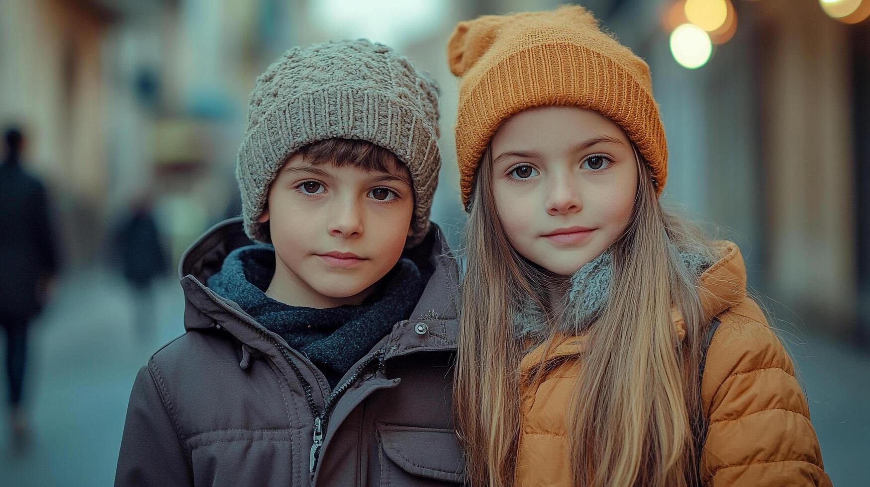 A boy and a girl, bundled up in winter coats and hats, stand close together against a softly blurred urban backdrop. photo