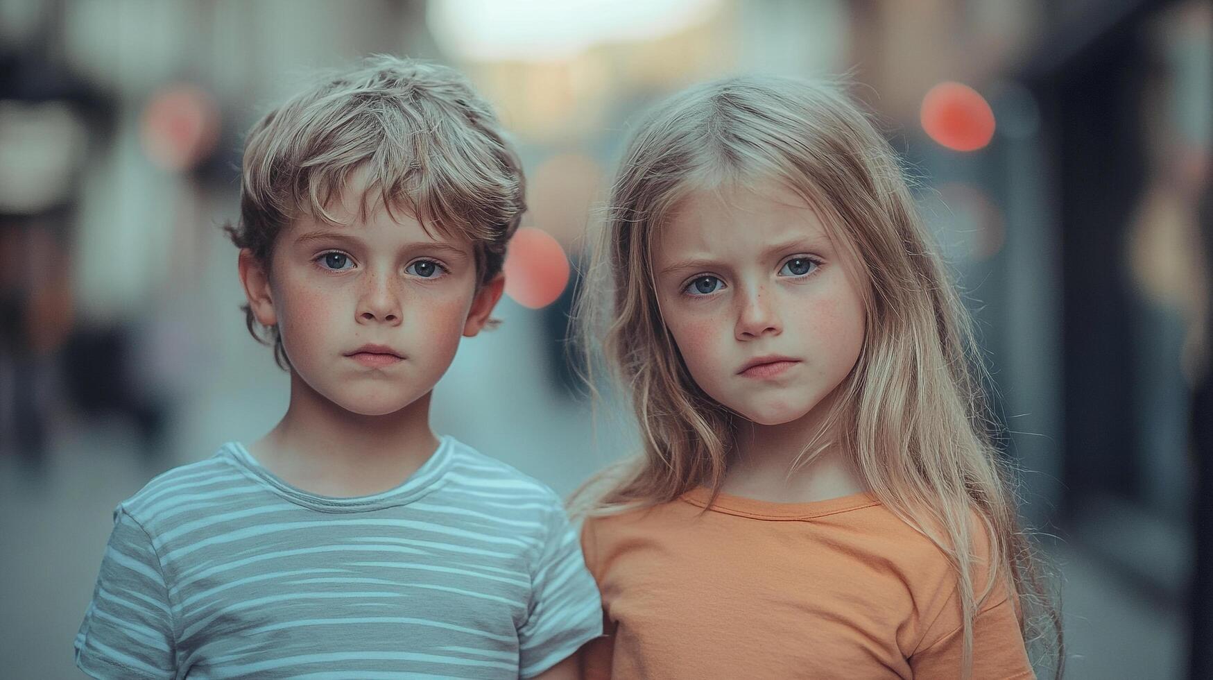 Portrait of two young children, a boy and a girl, with blonde hair and blue eyes, looking directly at the camera with a serious expression. photo