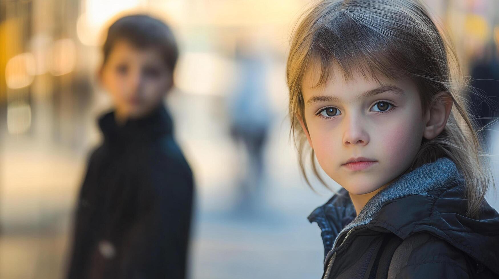 A young child, with brother in background, poses with calm expression. Focus on innocence and childhood in urban setting. photo