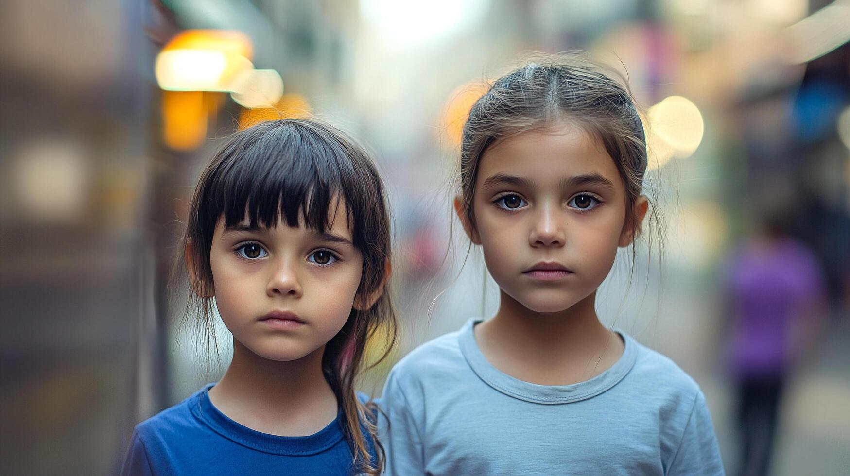 Two young girls stand side-by-side, their serious expressions capturing a moment of quiet intensity in a softly lit urban setting. photo
