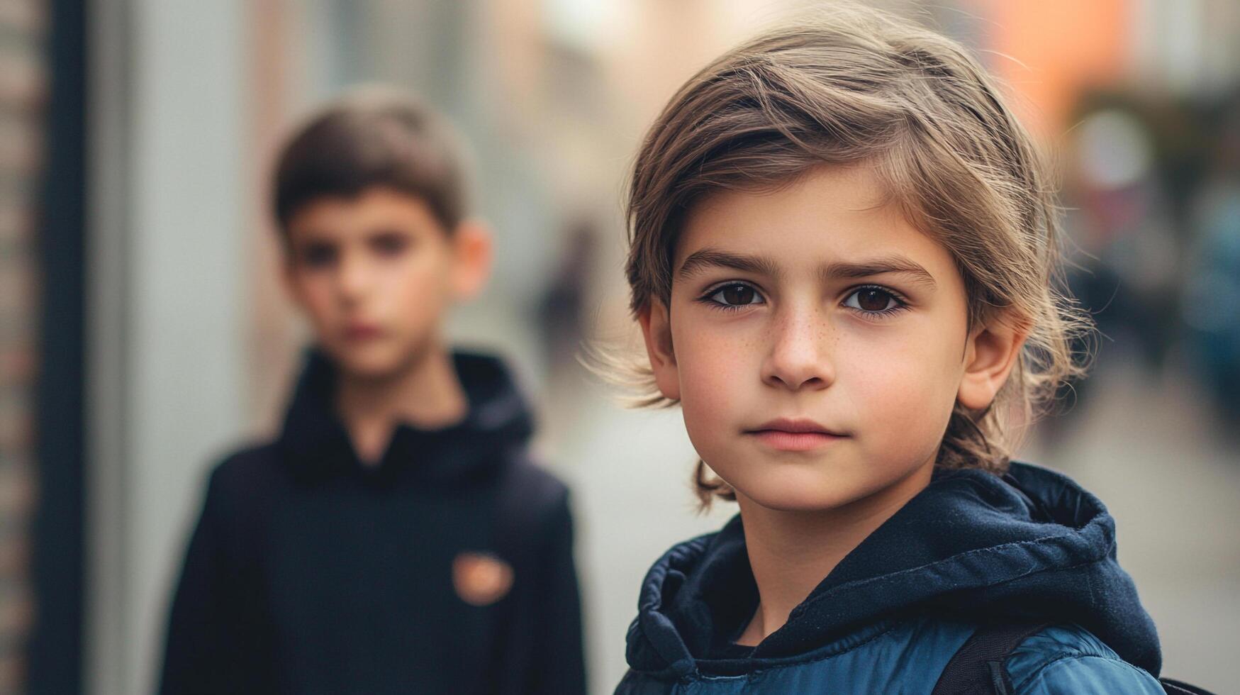 Two young boys stand on the street, the foreground child staring intently ahead with a slight frown and light brown hair. photo