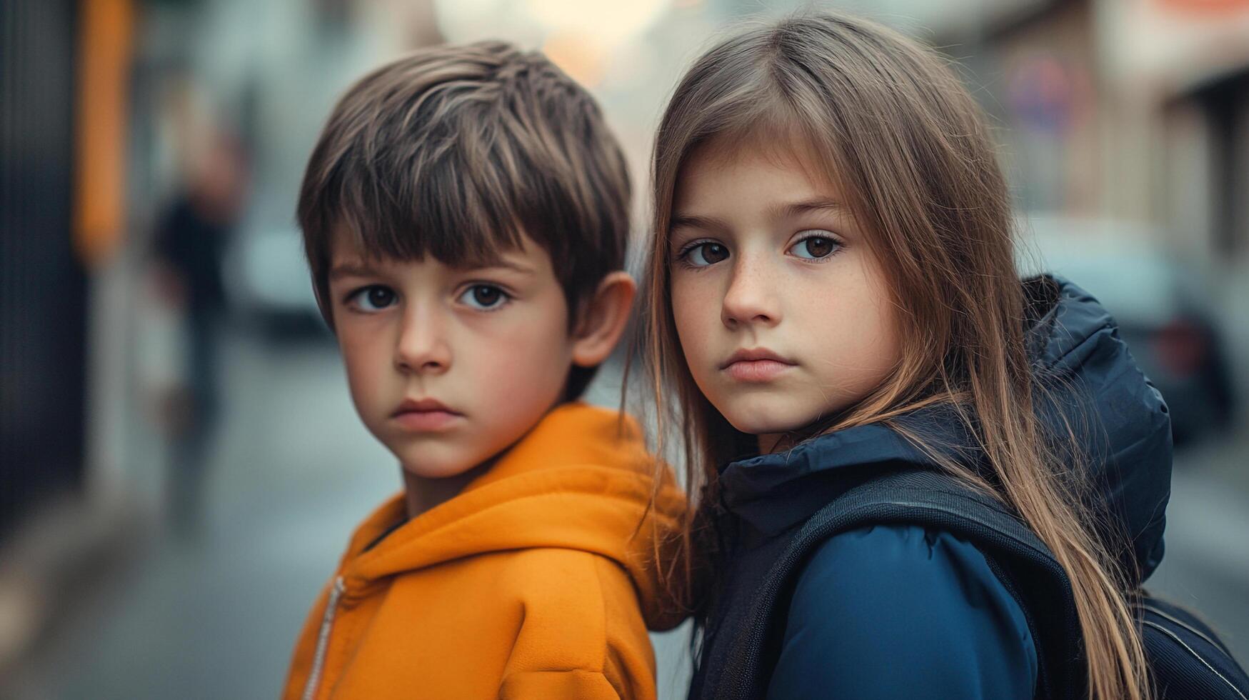 Two young children, brother and sister, stand together on a city street, facing forward with serious expressions, heading home or to school. photo