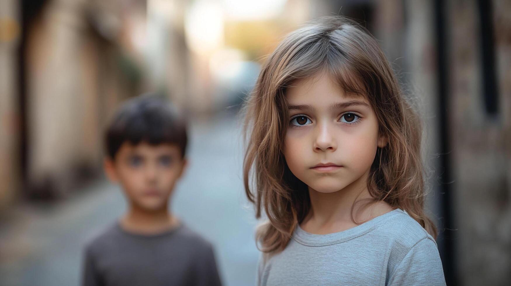 Portrait of two young children, one girl and one boy, standing in a blurry alleyway. The girl is in focus, while the boy stands behind her. photo