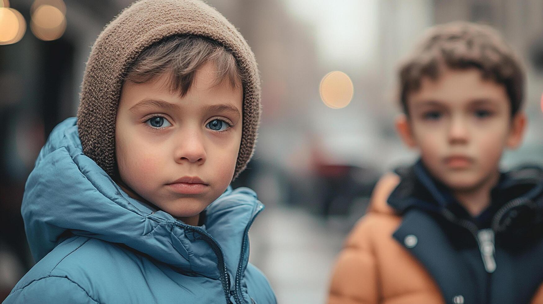 Two young brothers stand close together, their expressions convey seriousness, captured outdoors in soft focus setting. photo