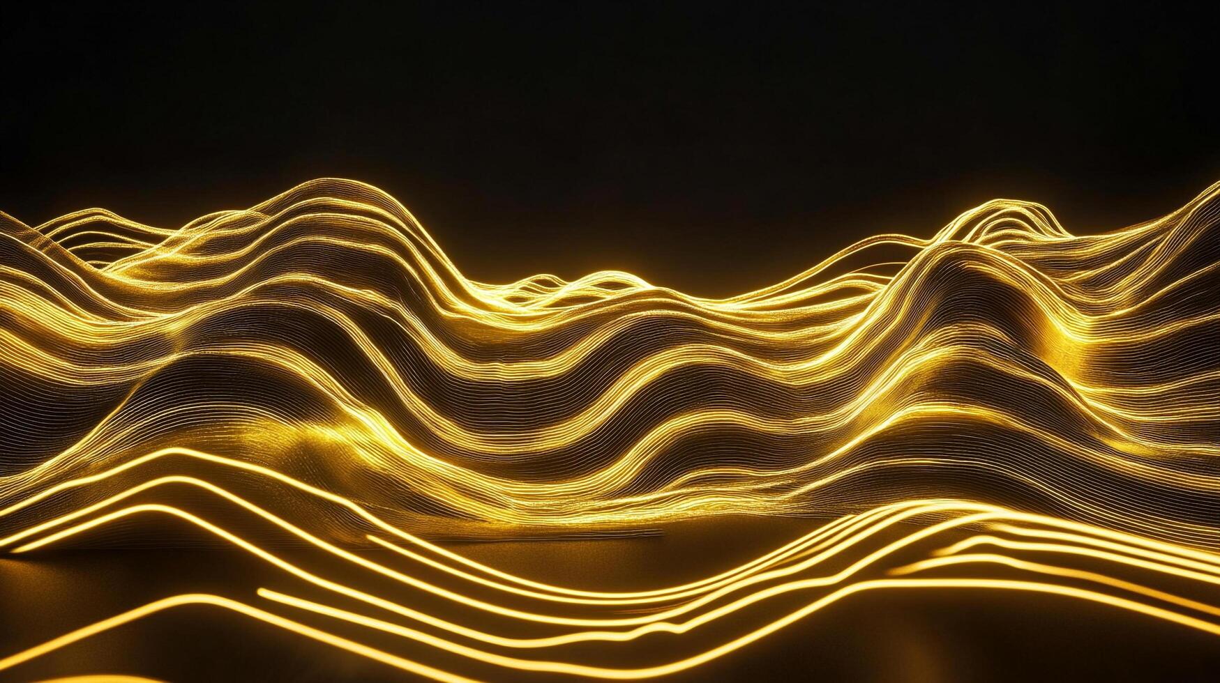 Golden waves ripple across a dark plane, creating an abstract landscape of luminous ridges. It is a dance of light and shadow on a dark field. photo