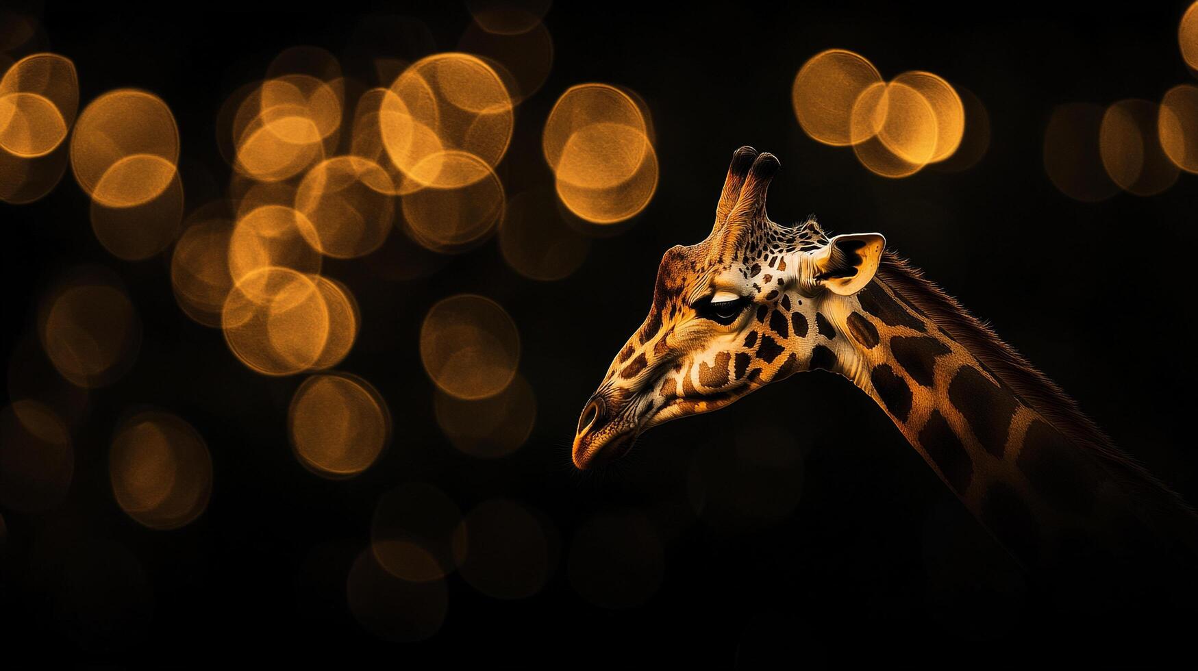 Giraffe portrait against a dark background with blurred golden lights, creating a dreamy and artistic effect. Wildlife beauty shines. photo