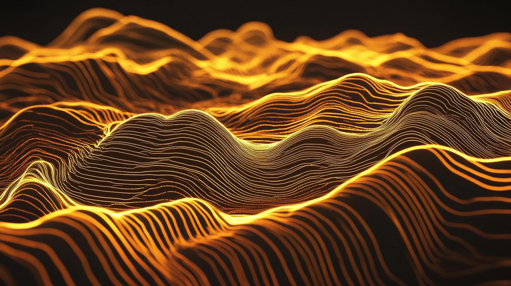 Abstract golden waves undulate and glow in the dark, creating a mesmerizing digital landscape of interconnected lines and organic forms. photo