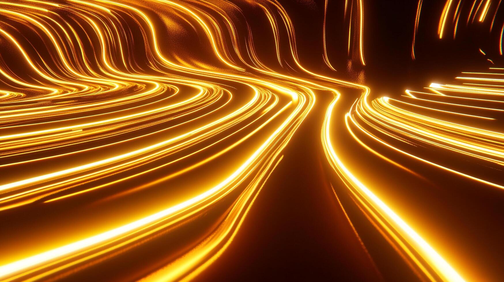 Golden luminous waves streak across the space, weaving a mesmerizing pathway of light and motion. High-speed technology visualized here. photo