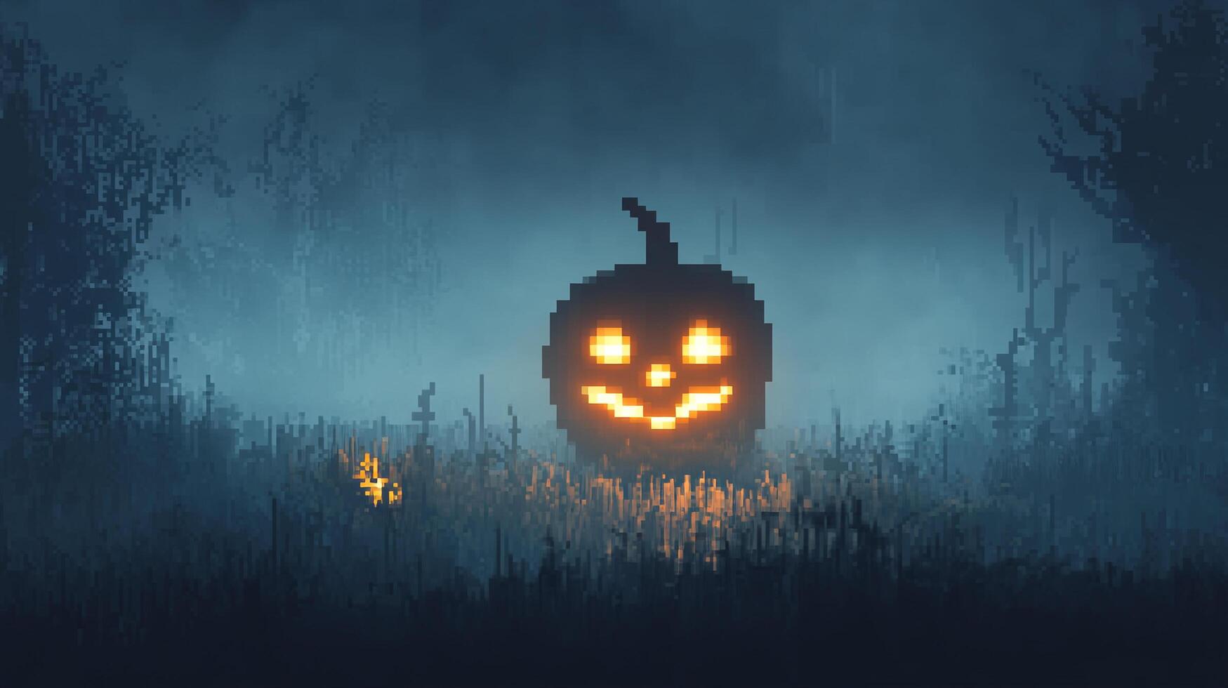 Pixelated pumpkin in a field, glowing with festive cheer. Eerie atmosphere, perfect for seasonal celebrations and spooky digital art. photo