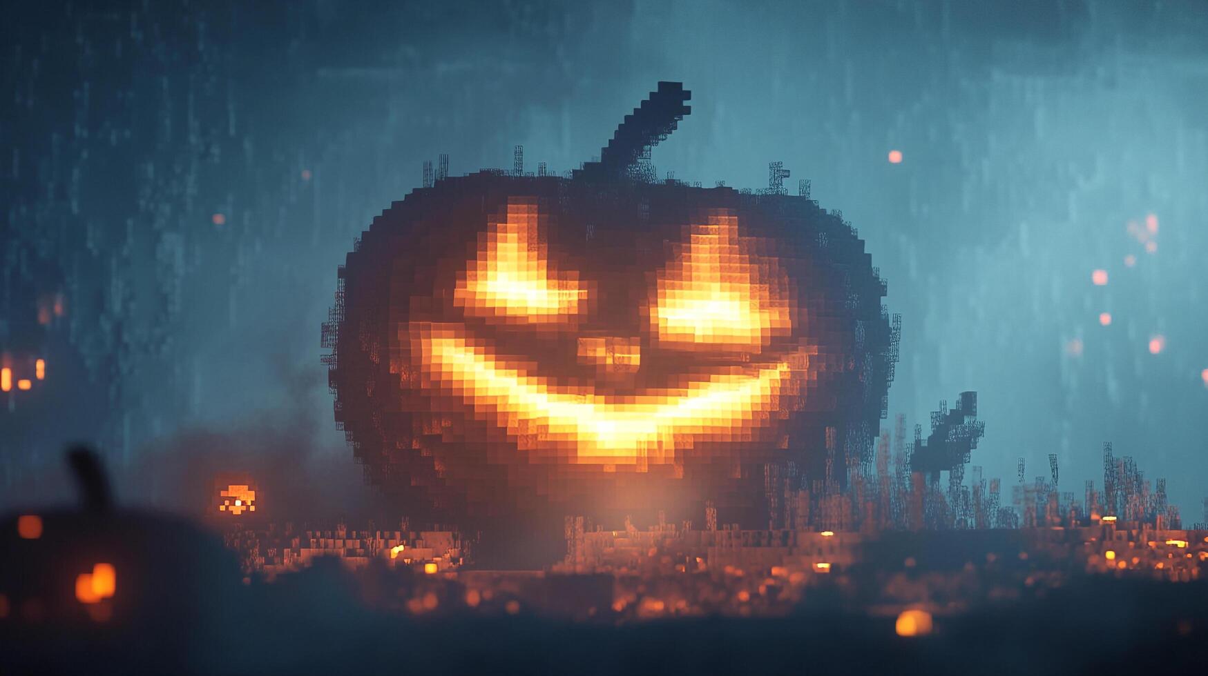 A pixelated Jack-o'-lantern glows eerily in the night, casting an orange glow over the foggy landscape. A Halloween scene. photo