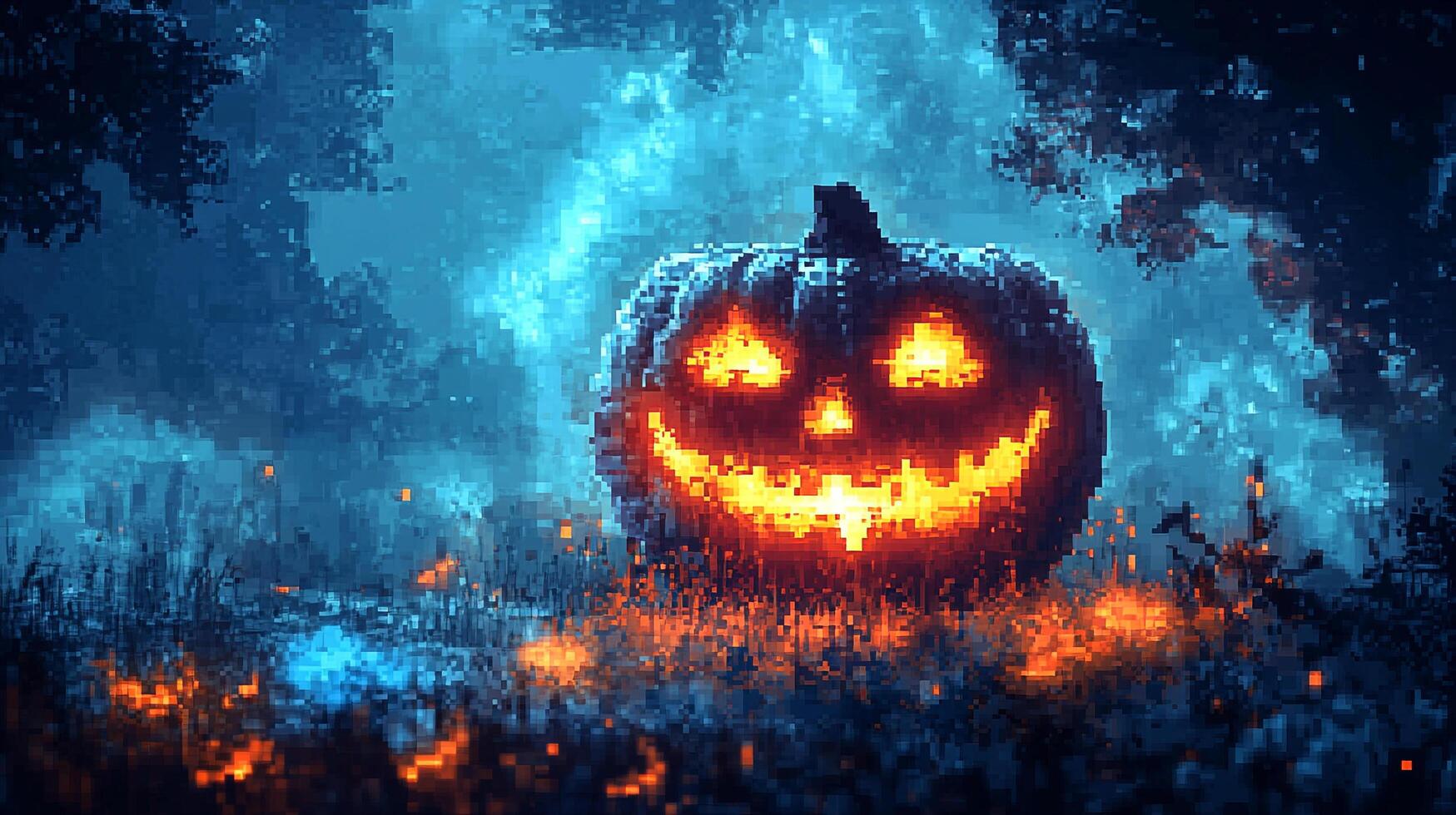 Pixelated pumpkin grinning in the night with orange light illuminating its features and the immediate foreground, set against a dark forest. photo