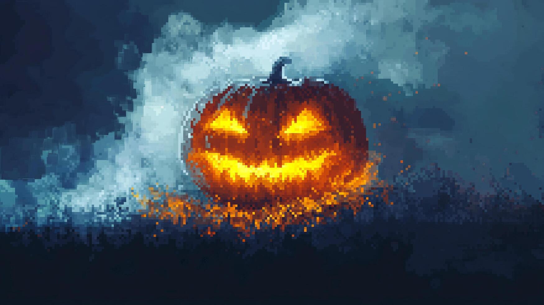 Pixelated Jack-o'-lantern glows with eerie light, pixel art aesthetic adds a retro, spooky charm to this haunting Halloween image. photo
