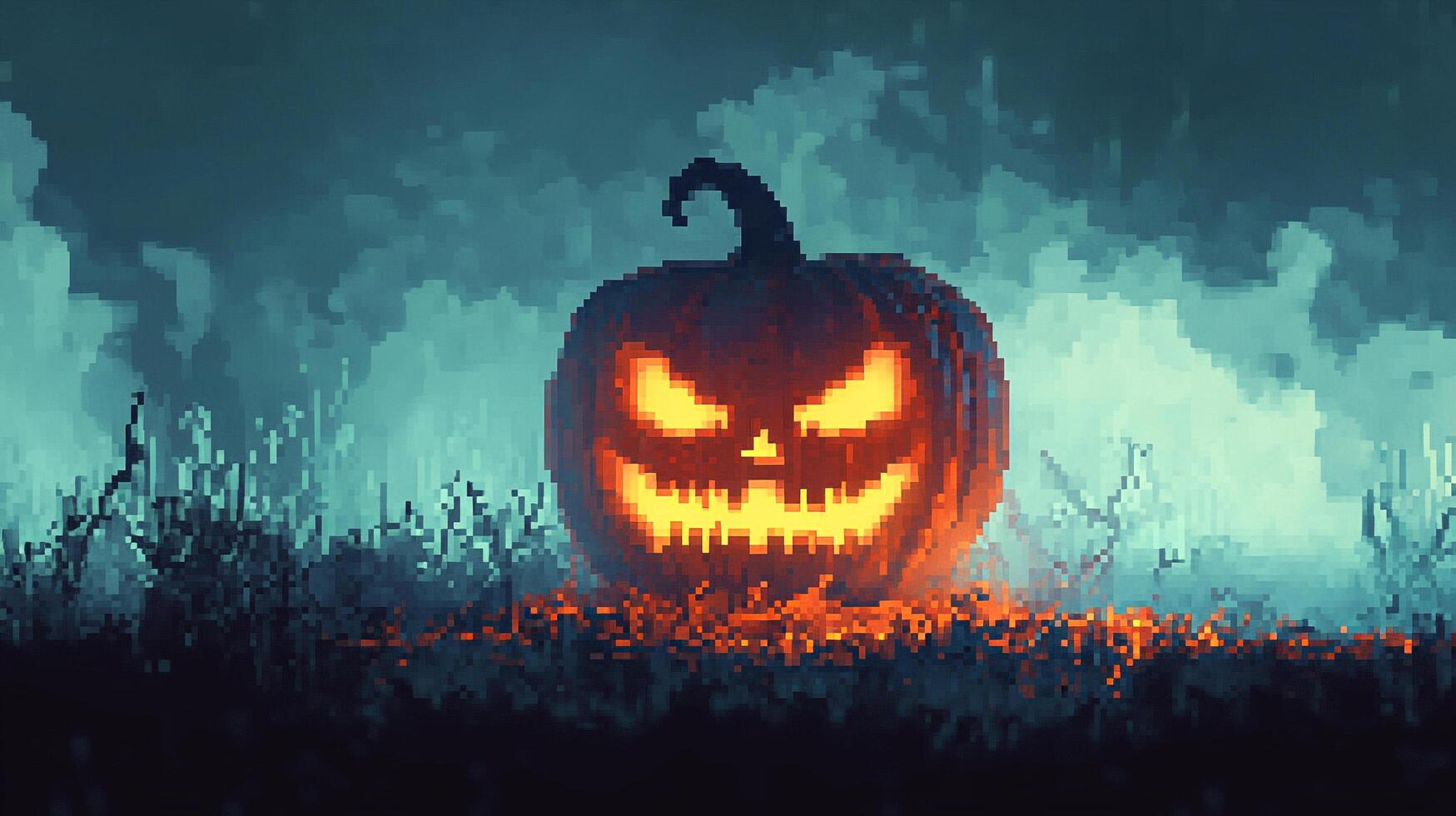 Spooky pixelated jack-o'-lantern with glowing eyes and eerie smile, set against a foggy, dark landscape for Halloween frights. photo