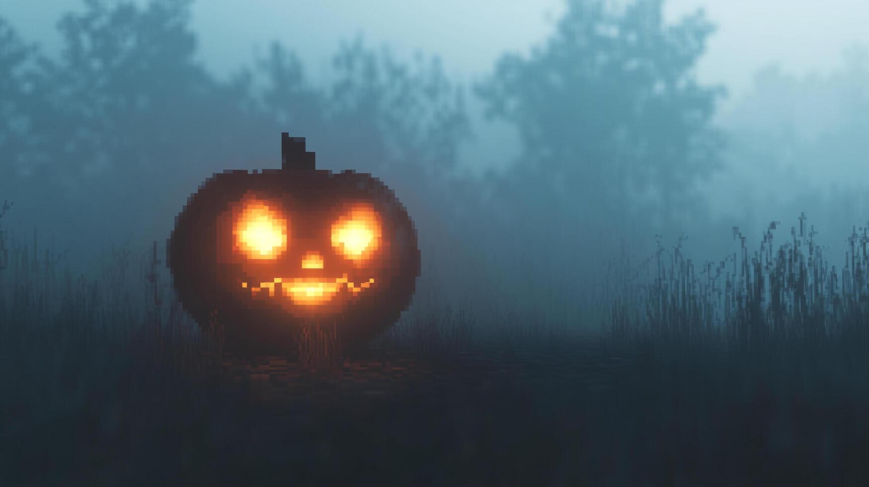 A glowing, pixelated jack-o'-lantern sits in a misty field at night, evoking a sense of mystery and anticipation for autumn festivities. photo
